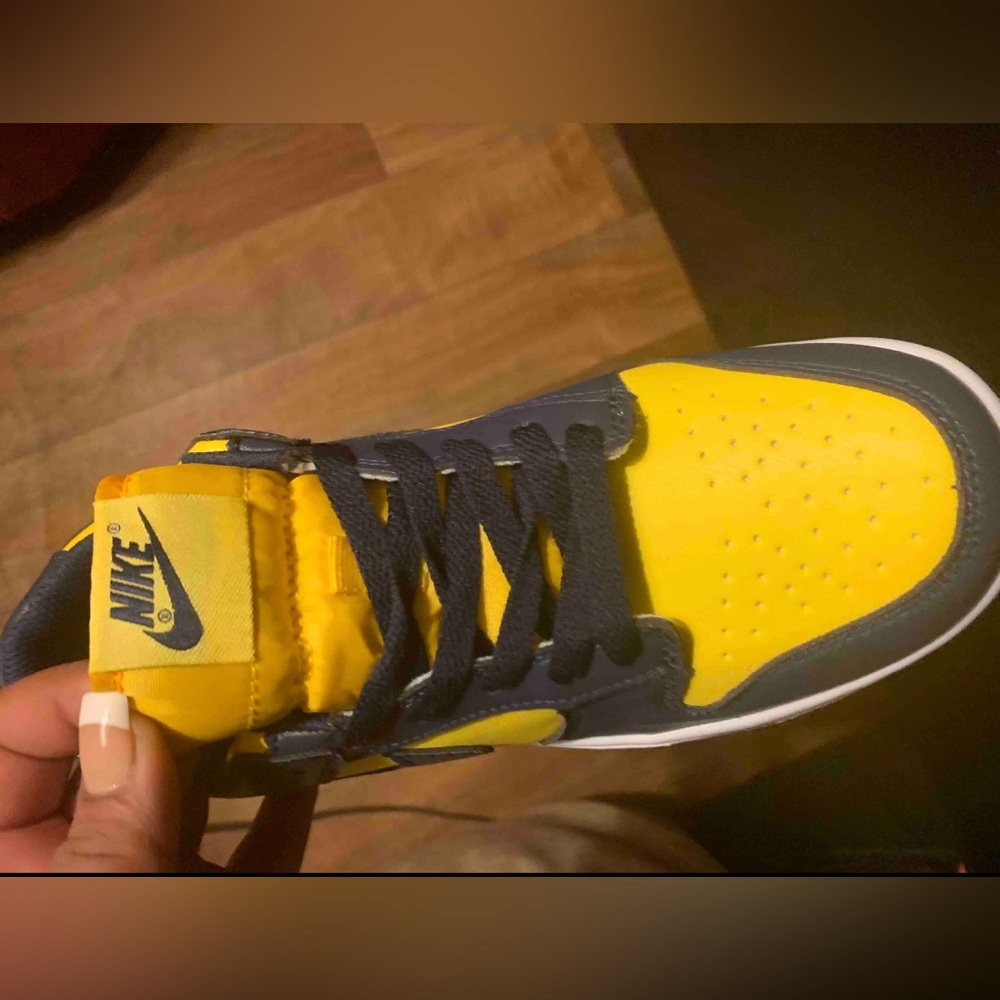 Yellow and dark blue Nike dunks (Michigan dunks)